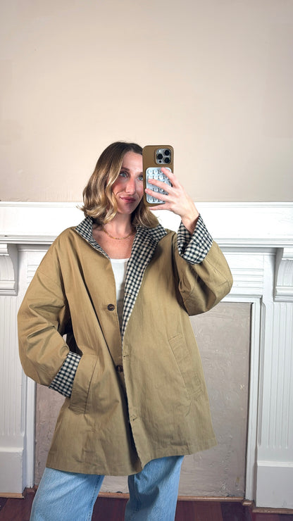 Plaid Lined Stand Collar Cotton Coat - Camel