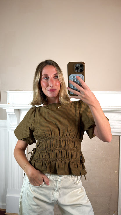 Stripe Puff Sleeve Smocked Top