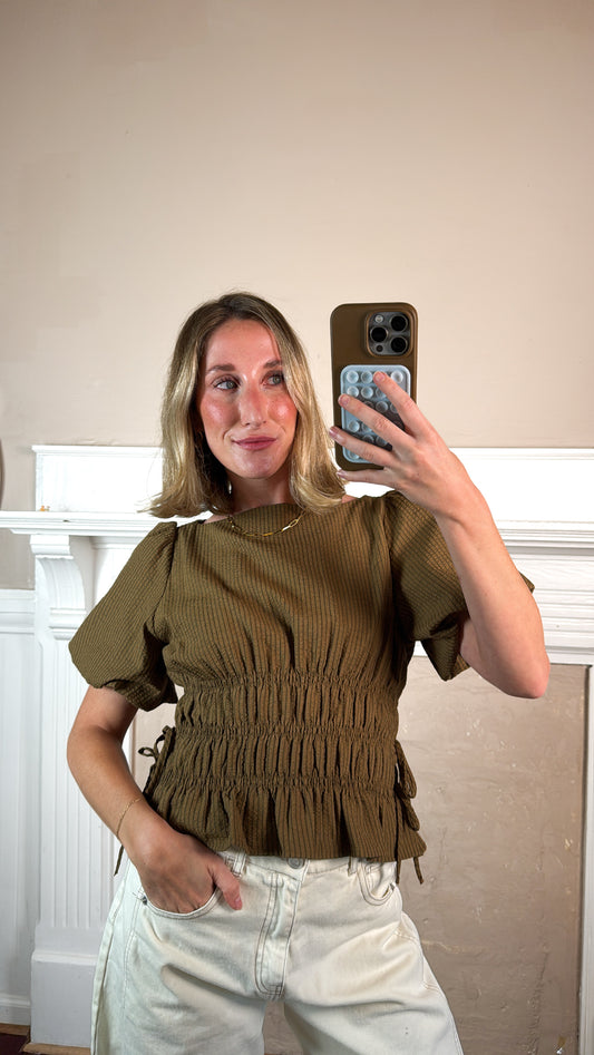 Stripe Puff Sleeve Smocked Top
