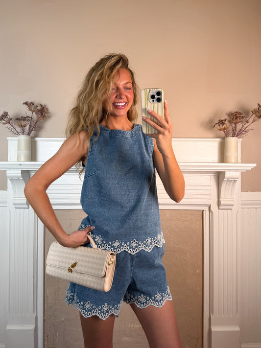 Embroidered Denim Top and Shorts Set