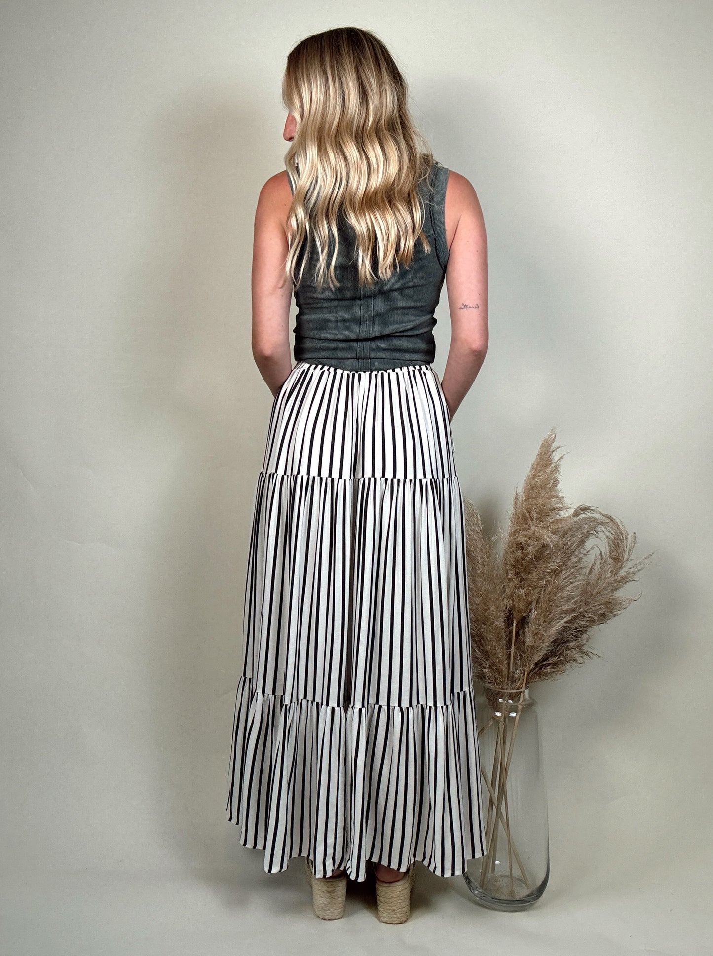 Stripe Tiered Midi Skirt - Black