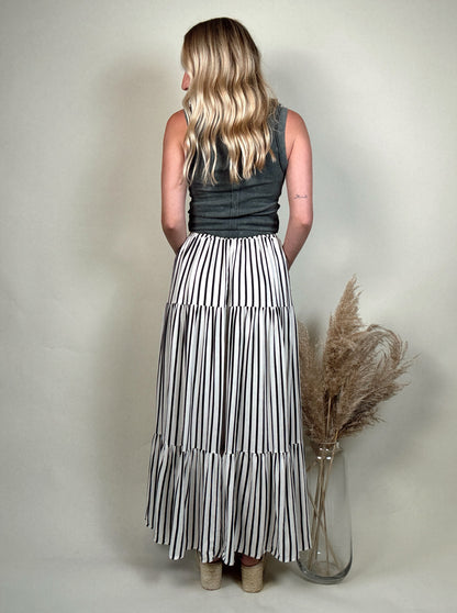 Stripe Tiered Midi Skirt - Black