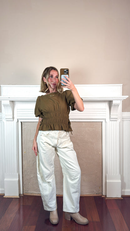 Stripe Puff Sleeve Smocked Top