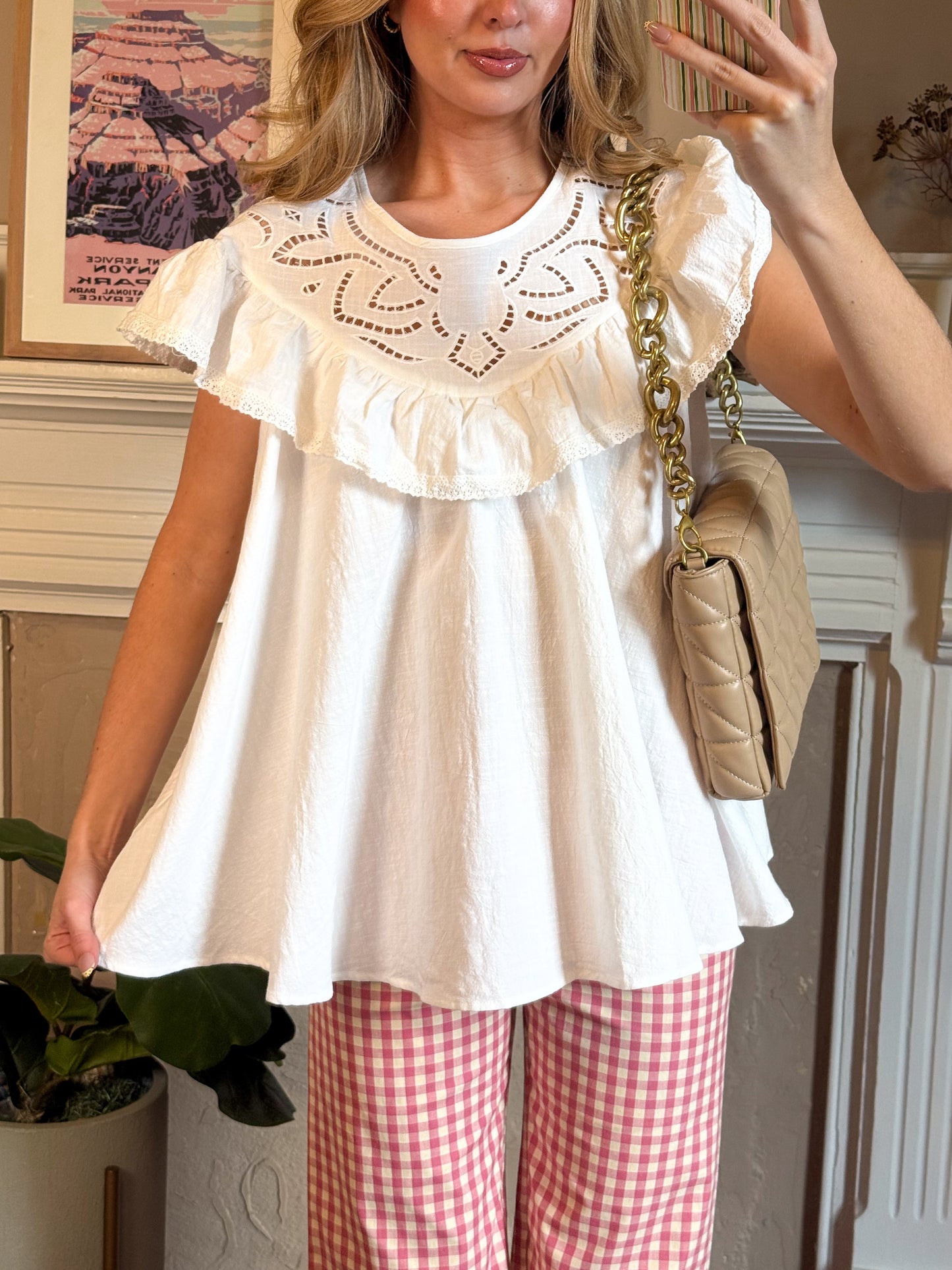Eyelet Yoke Ruffle Babydoll Top