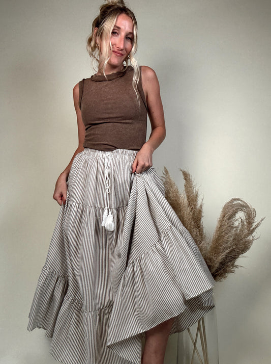 Stripe Tiered Midi Skirt - Beige