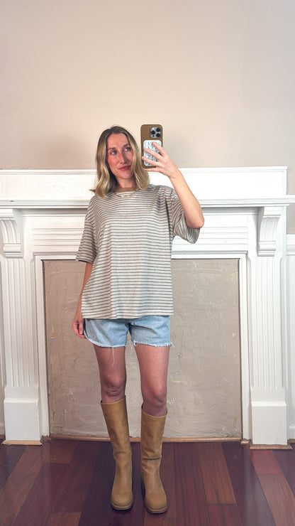 Pia Striped Oversized Tee - Ivory/Grey/Brown