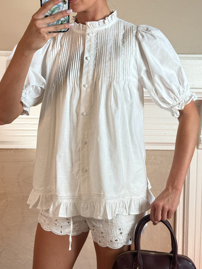 Linen Pleated Puff Sleeve Blouse