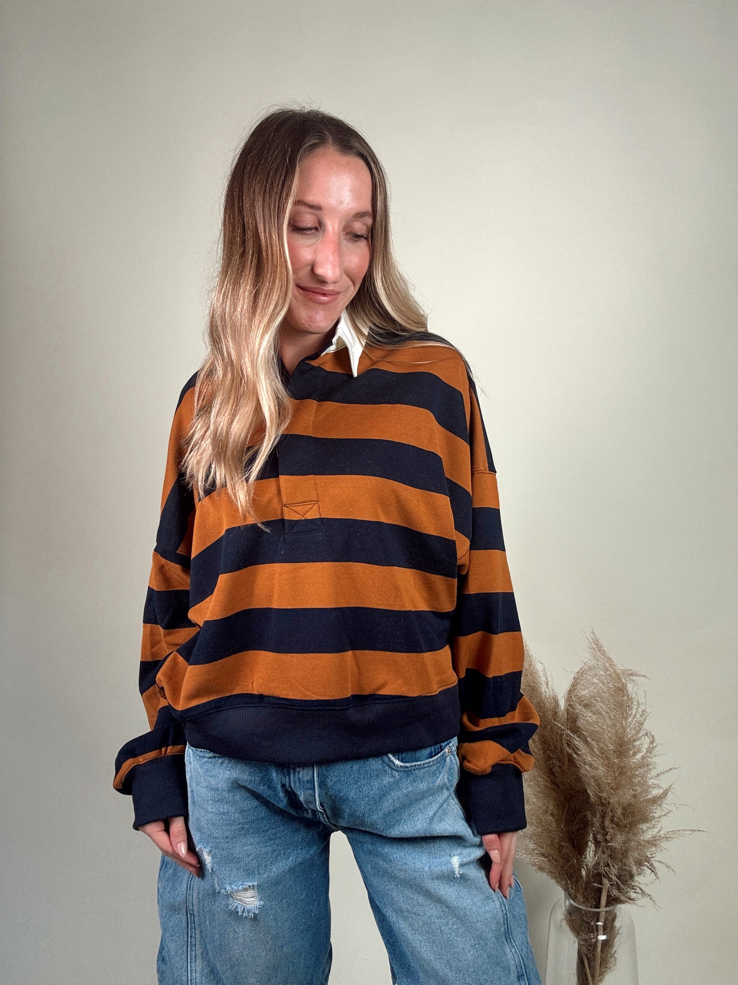 Amerie Striped Collared Pullover - Camel/Navy
