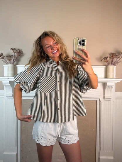 Striped Bubble Sleeve Button Down Top