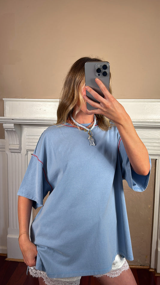 Contrast Stitch Mineral Washed Tee - Blue