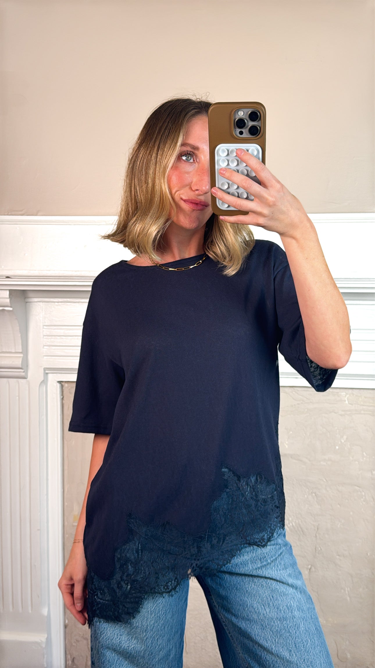 Lace Hem Tee - Navy Blue