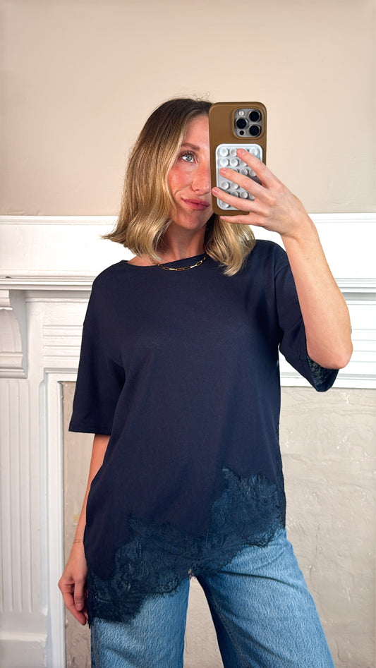 Lace Hem Tee - Navy Blue