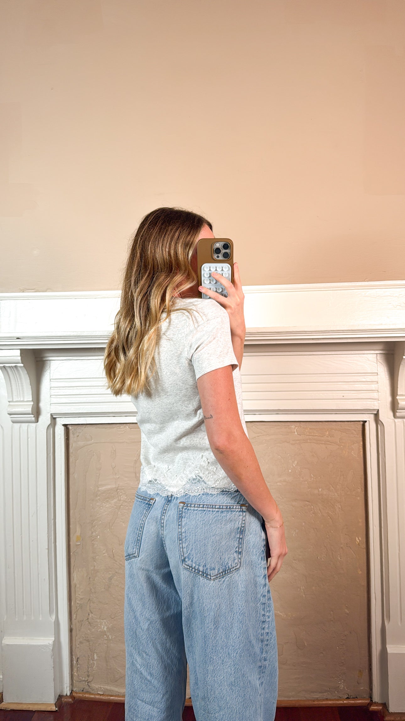Lace Trim Short Sleeve Tee - Heather Grey