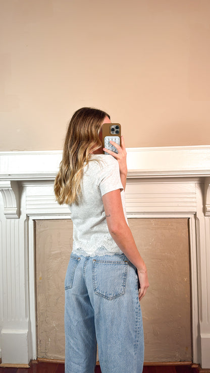 Lace Trim Short Sleeve Tee - Heather Grey