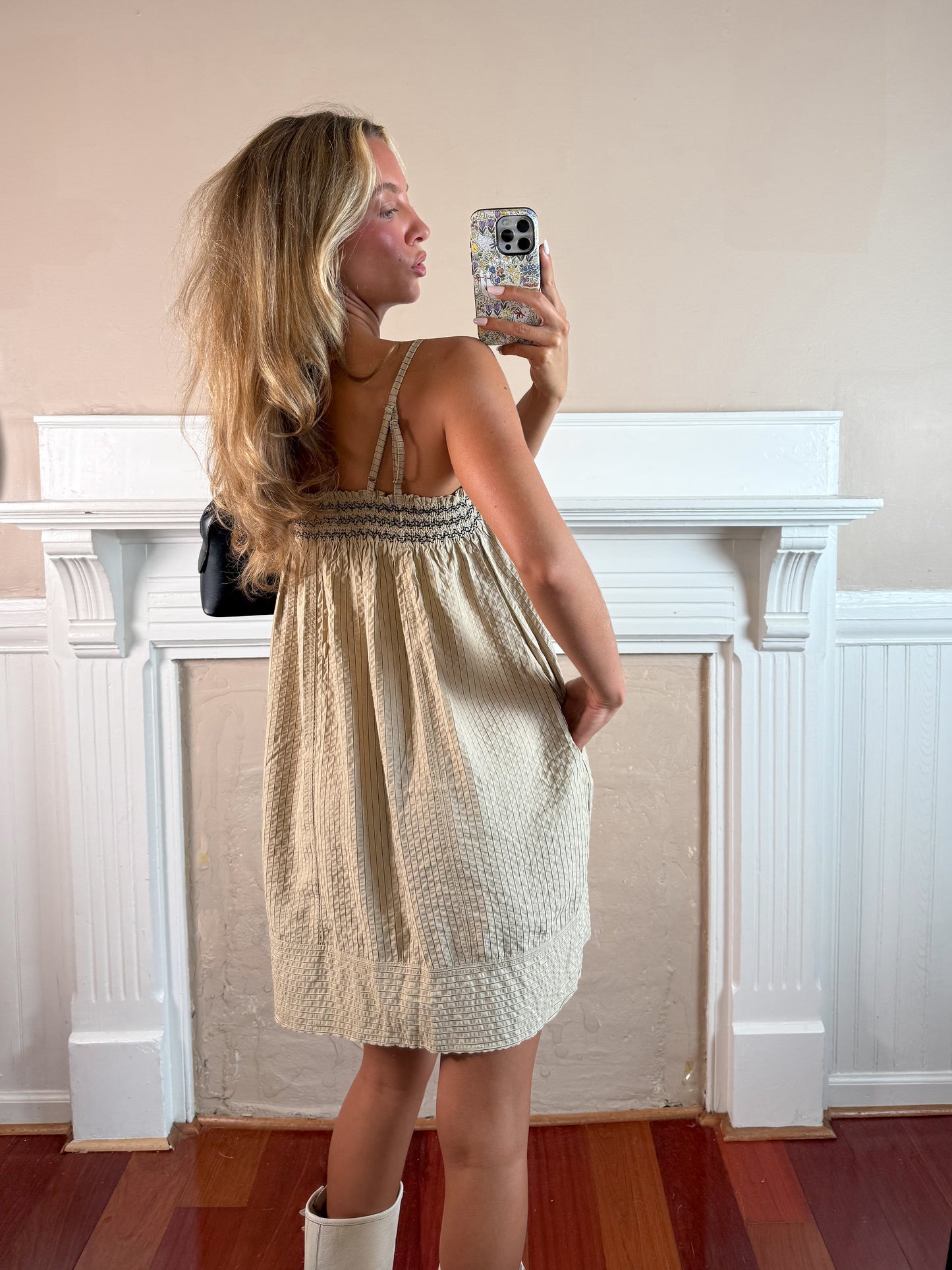 Beige Smocked Stripe Mini Dress