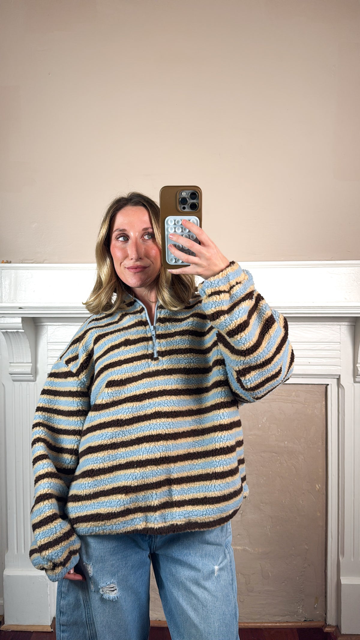Relaxed Sherpa Striped Half Zip Pullover