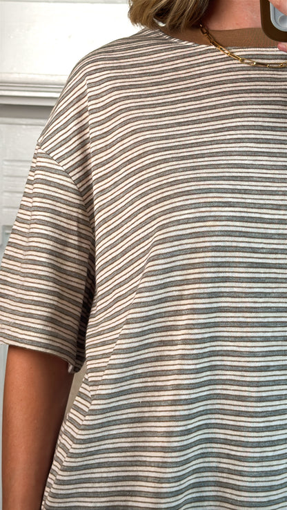 Pia Striped Oversized Tee - Ivory/Grey/Brown
