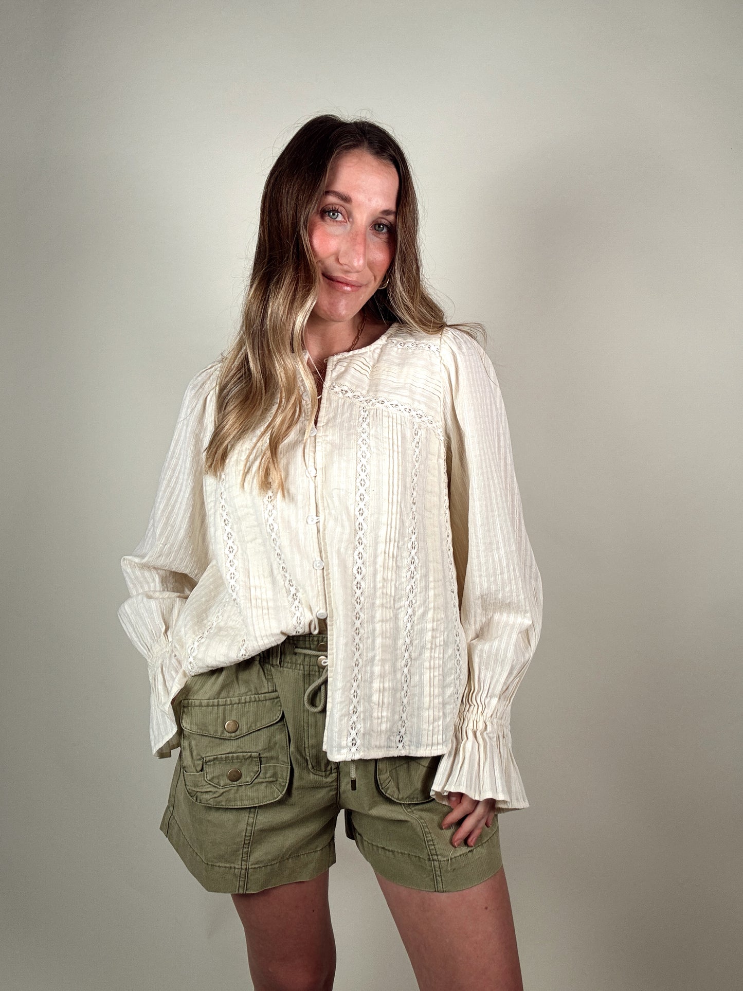 Lace Pintuck Detail Button Blouse