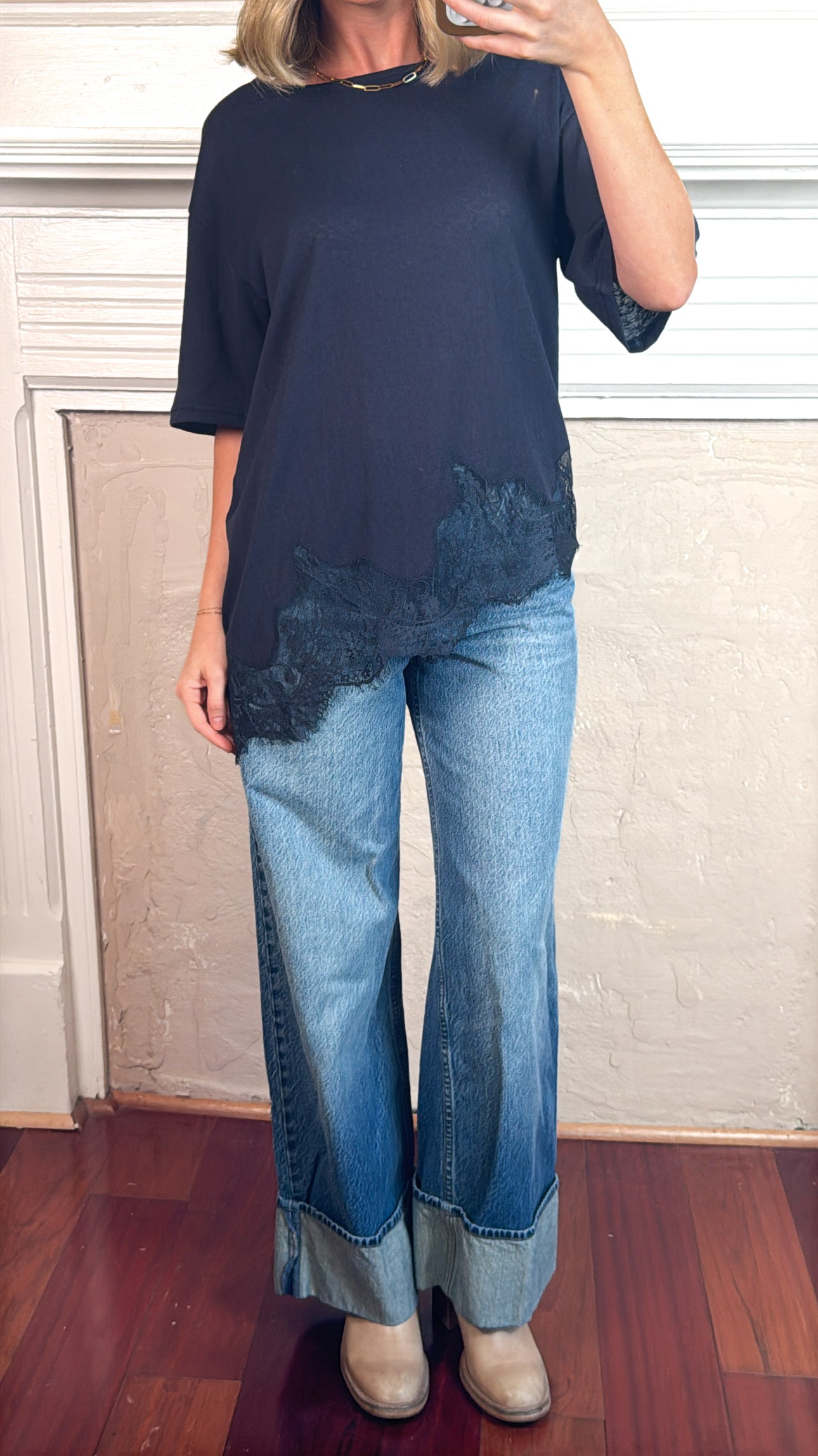 Lace Hem Tee - Navy Blue