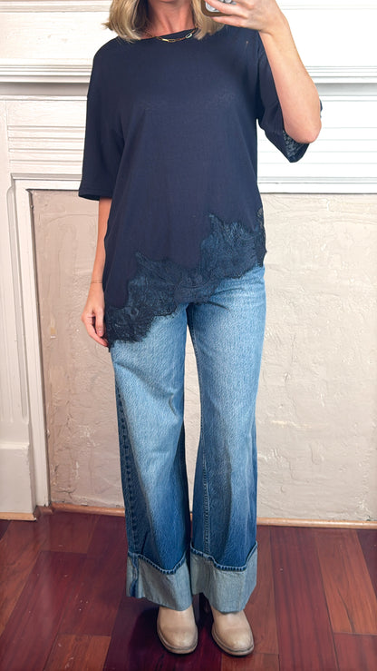 Lace Hem Tee - Navy Blue