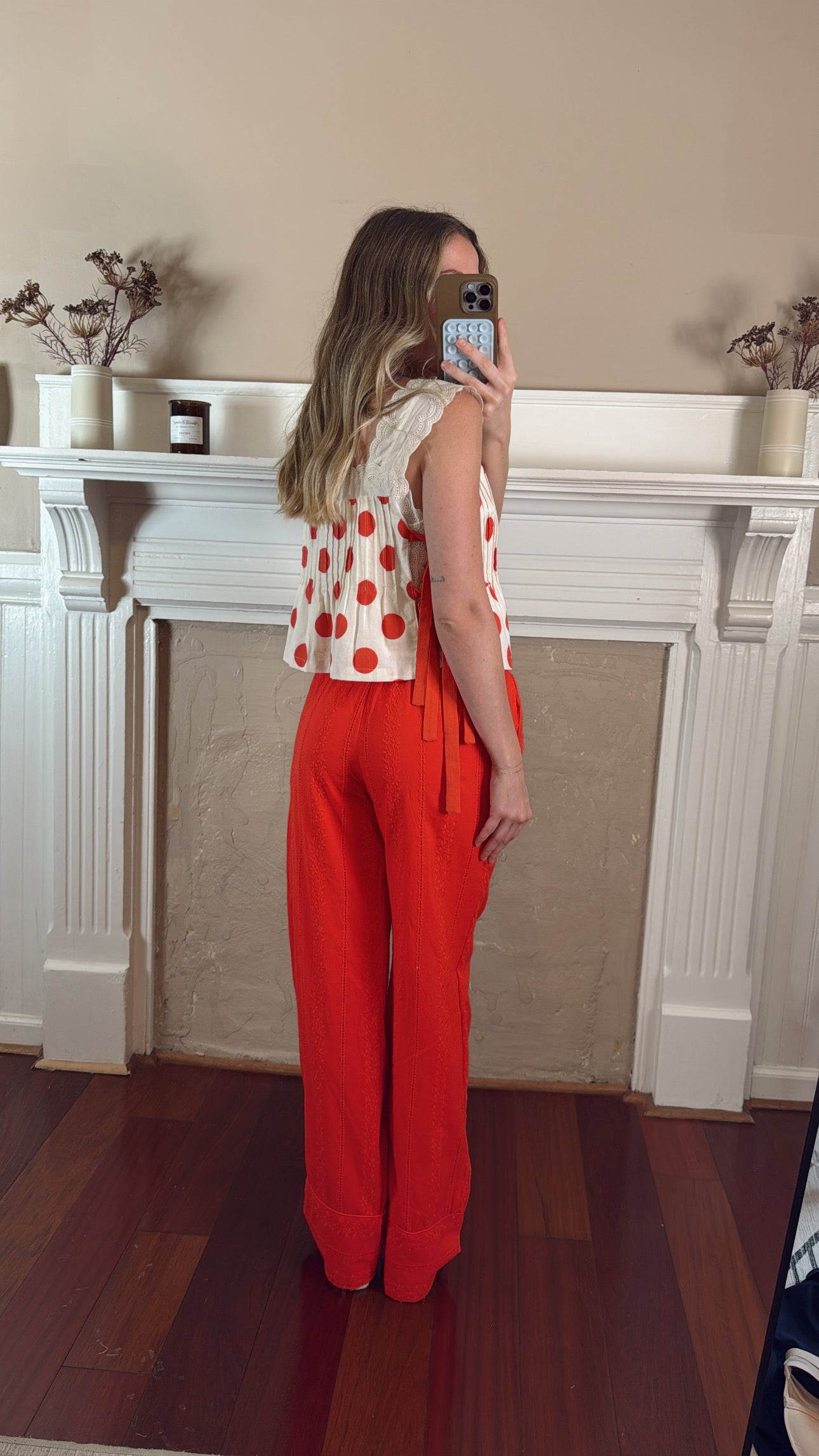 Broderie Drawstring Pants - Red