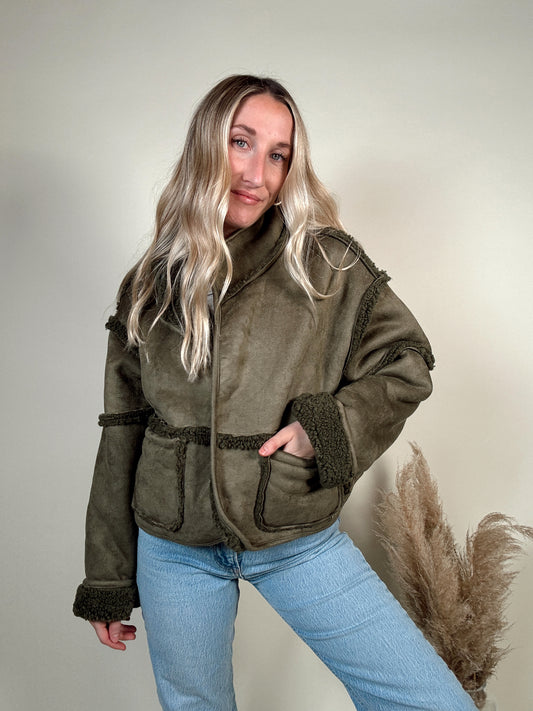 Reversible Suede/Sherpa Jacket - Olive