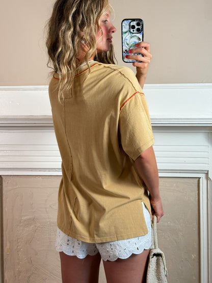 Contrast Stitch Mineral Washed Tee - Brown