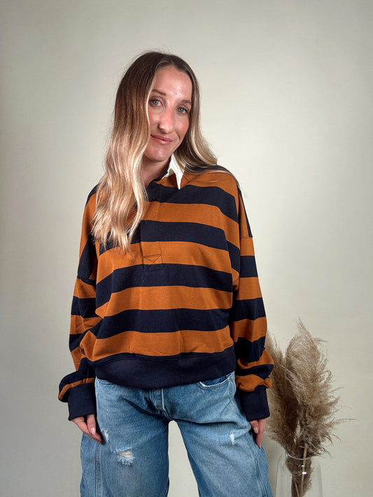 Amerie Striped Collared Pullover - Camel/Navy