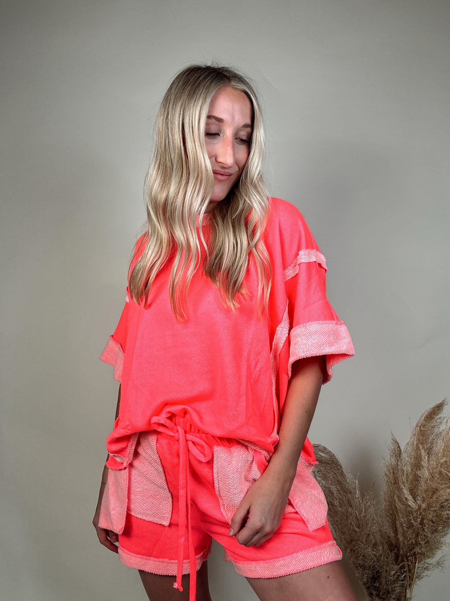 Terry Tie Two Piece Set - Neon Pink