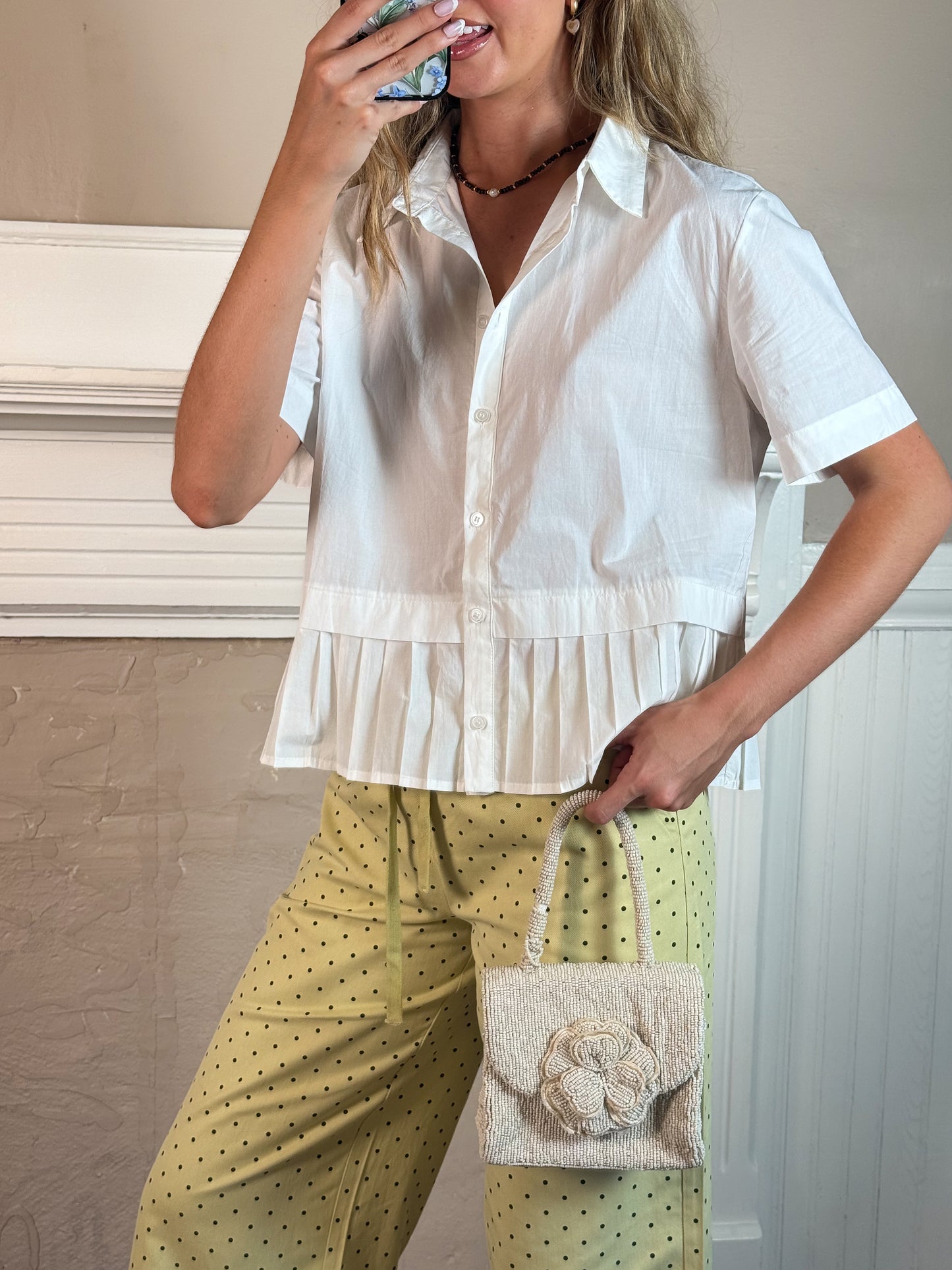 Pleated Hem Short Sleeve Blouse - PREORDER