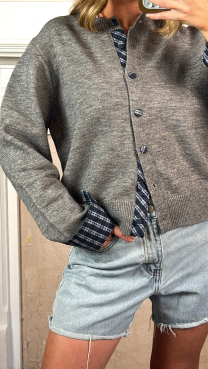Plaid Trim Layered Button Cardigan Sweater