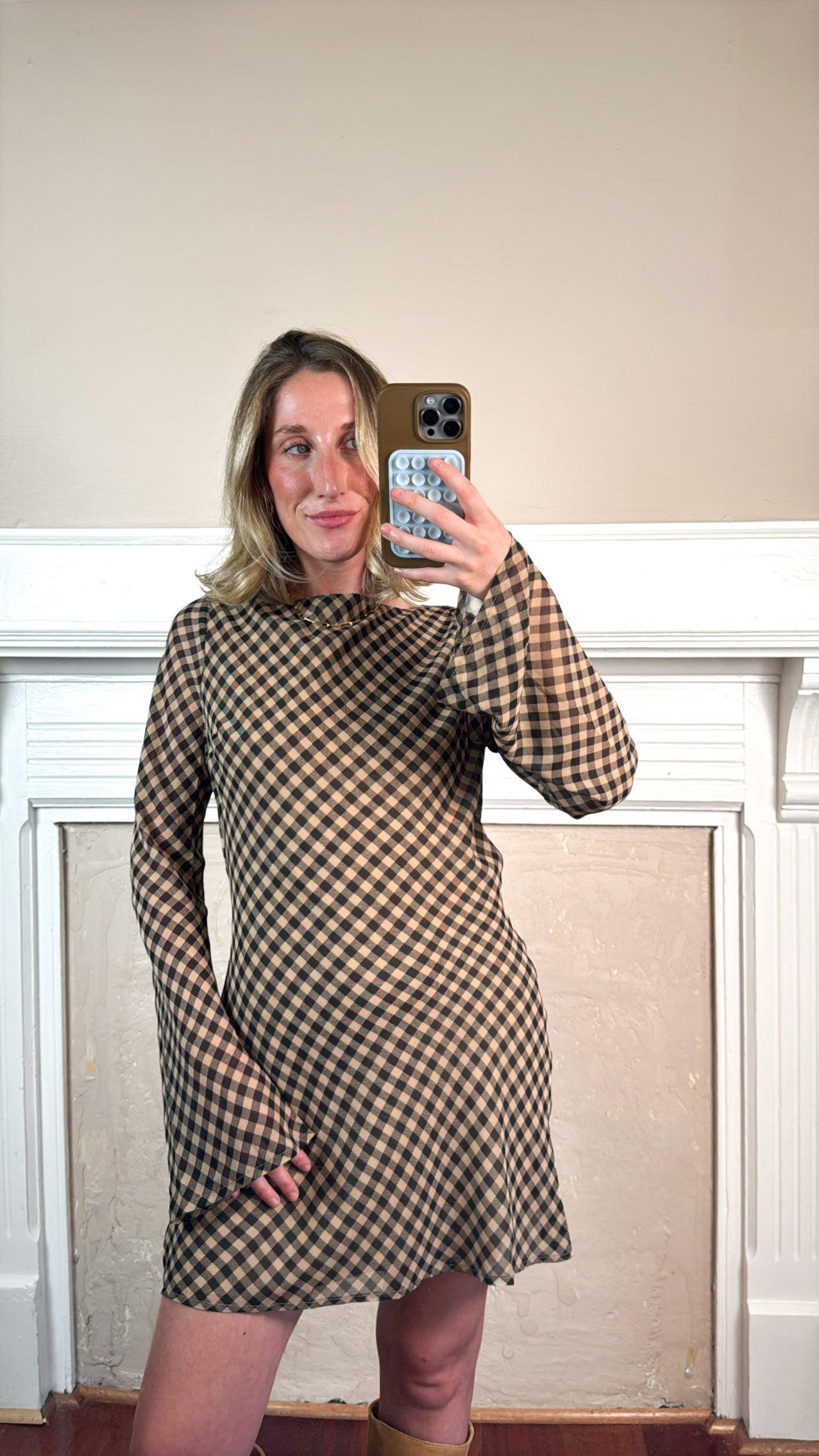 Gingham Long Sleeve Mini Dress