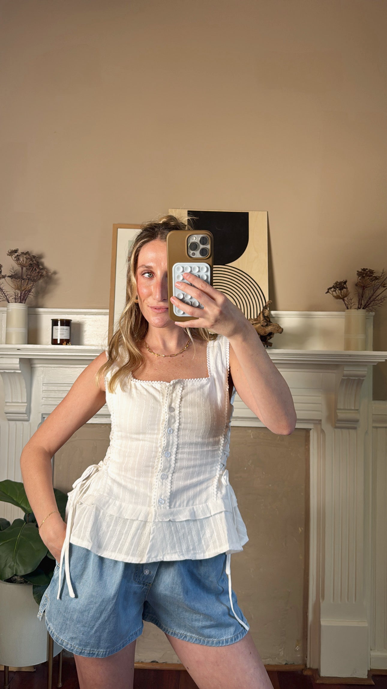 Lace-Trim Button-Front Peplum Top