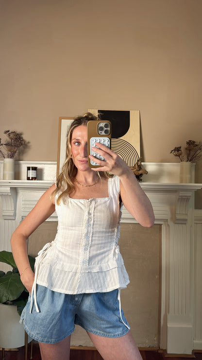 Lace-Trim Button-Front Peplum Top