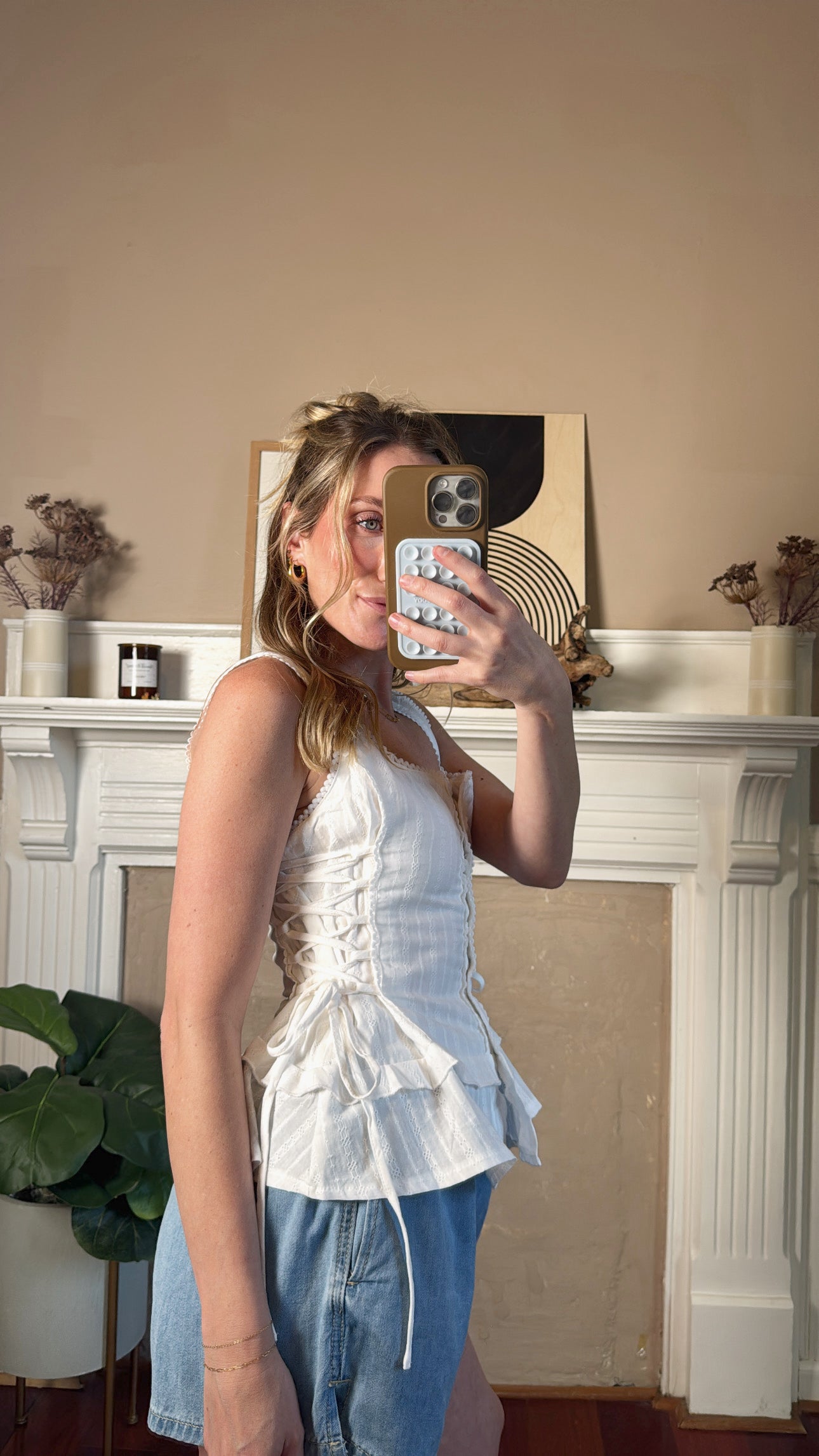 Lace-Trim Button-Front Peplum Top