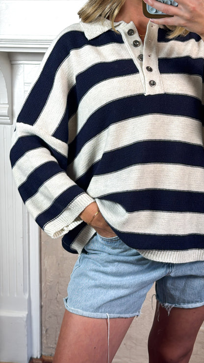 Soft Stripe Knit Polo Sweater