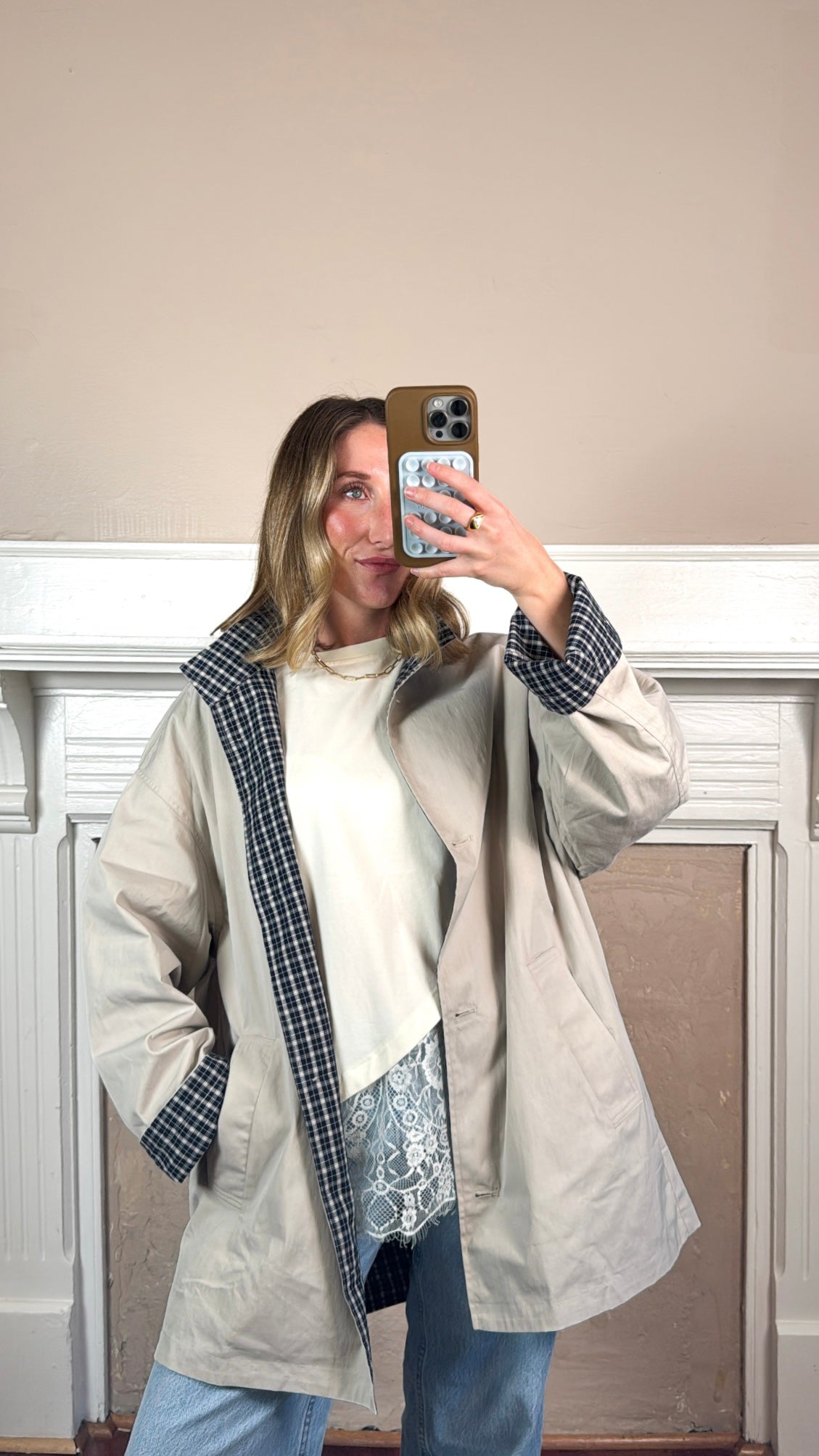 Plaid Lined Stand Collar Cotton Coat