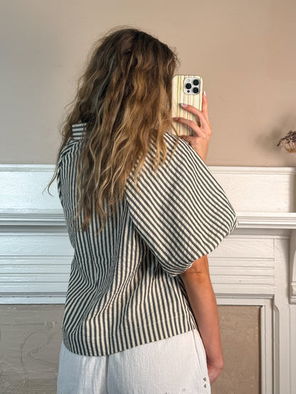 Striped Bubble Sleeve Button Down Top