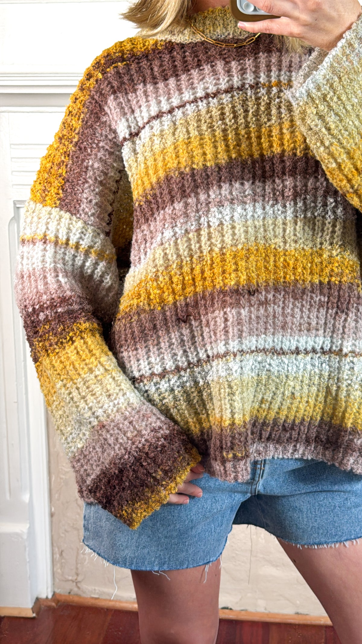 Oversized Striped Knit Sweater - Yellow