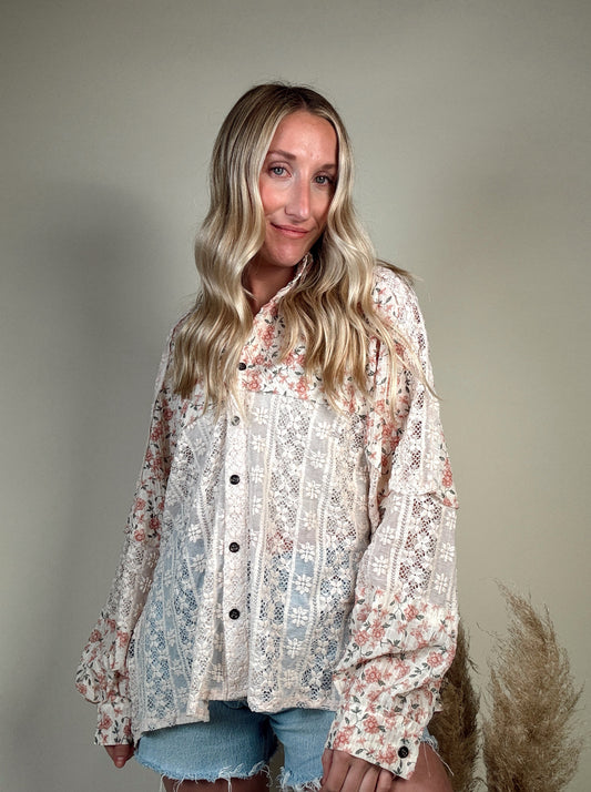 we the free crochet blouse, button down, floral button down, lace button down, free people dupe, boho top