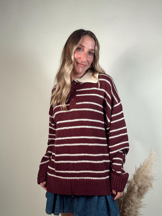 Stripe Polo Sweater - Burgundy