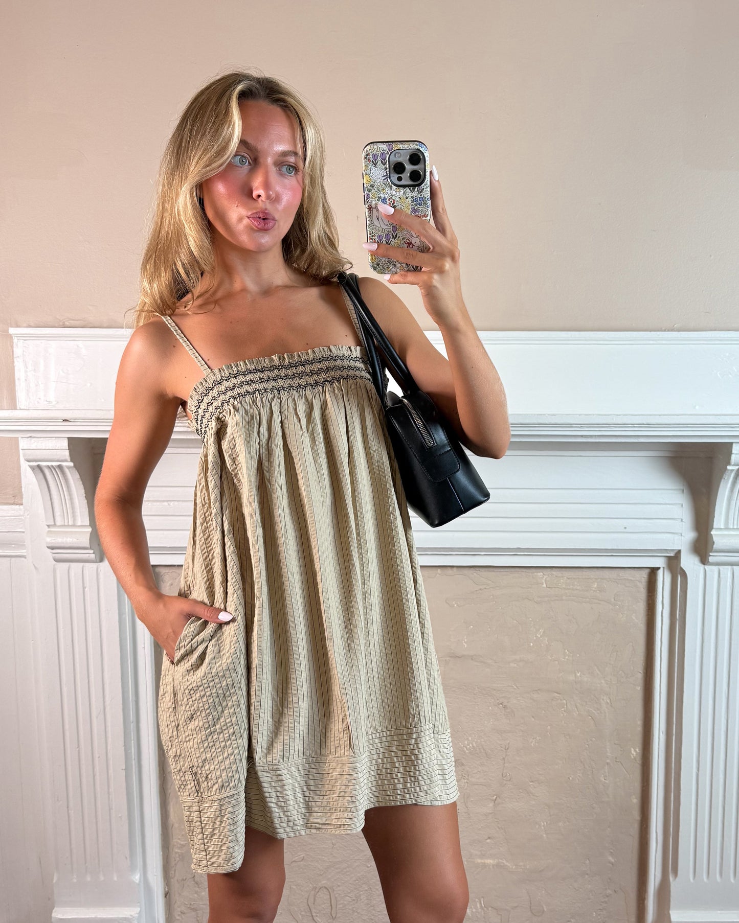 Beige Smocked Stripe Mini Dress