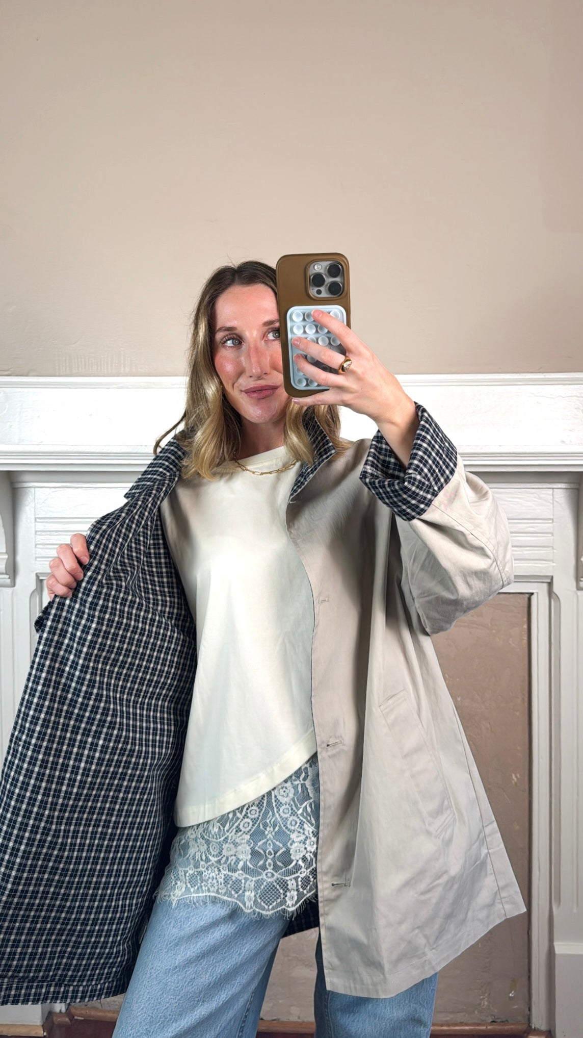 Plaid Lined Stand Collar Cotton Coat