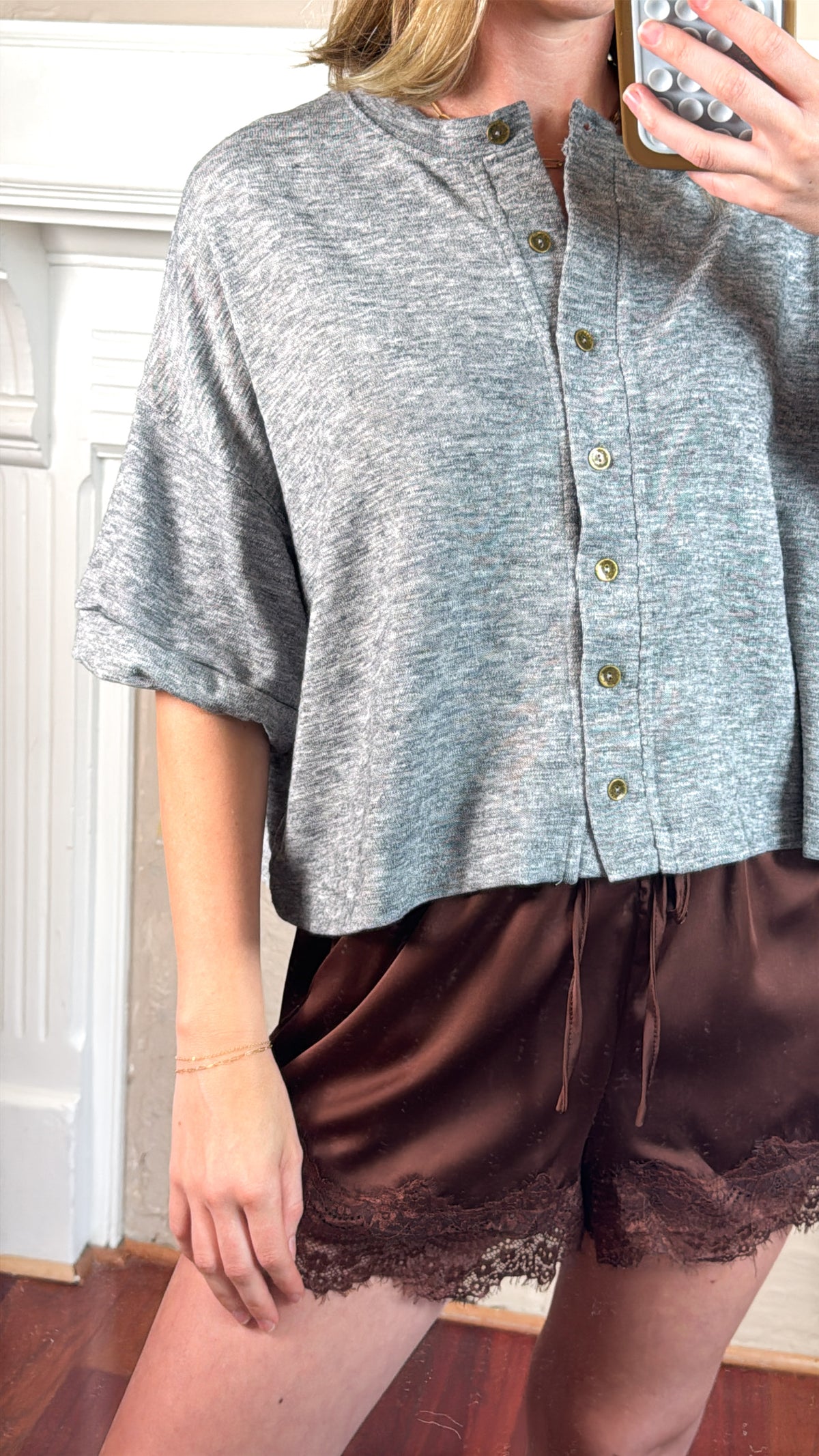 Short Sleeve Button Knit Top
