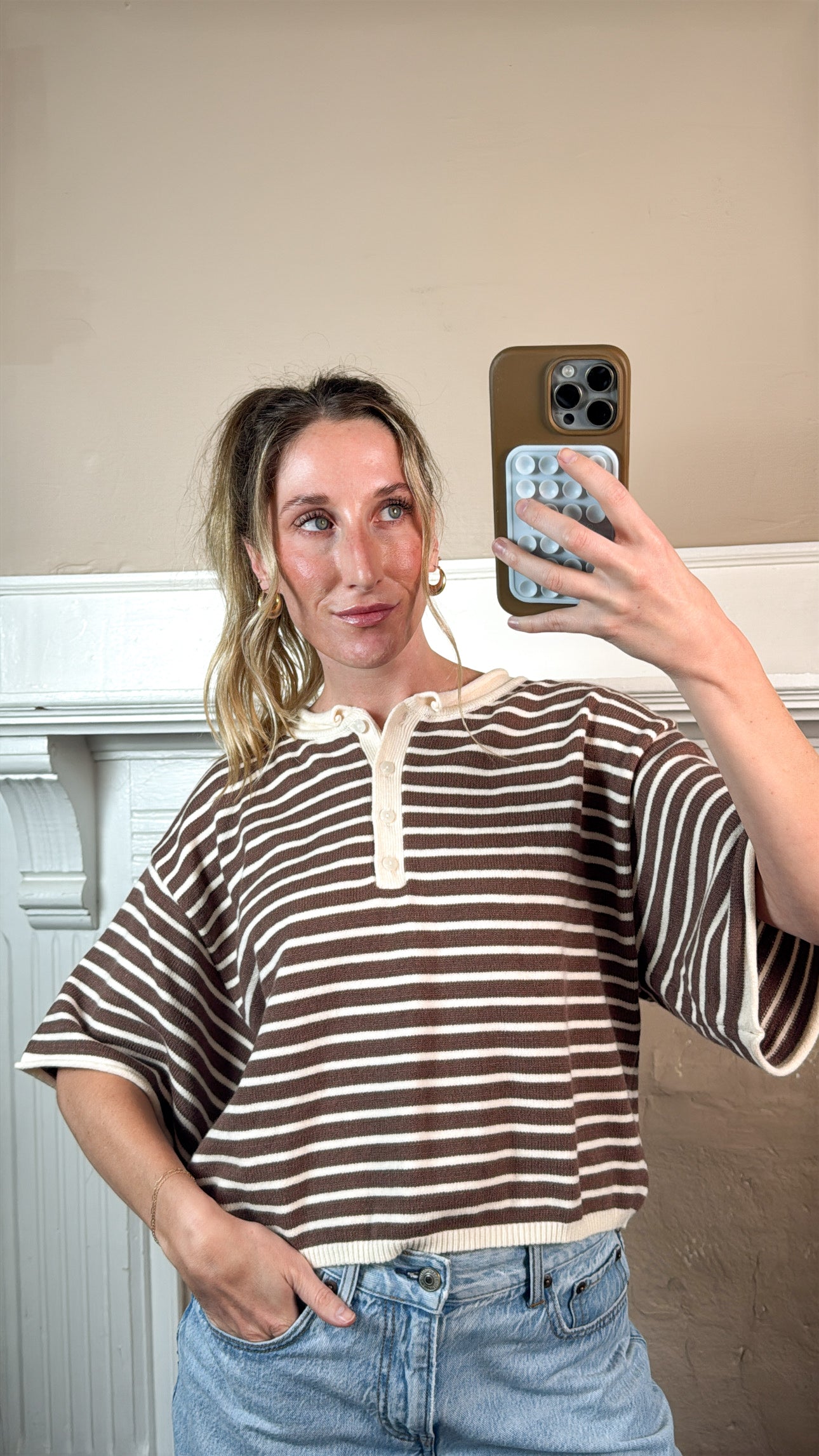 Striped Short Sleeve Henley Top