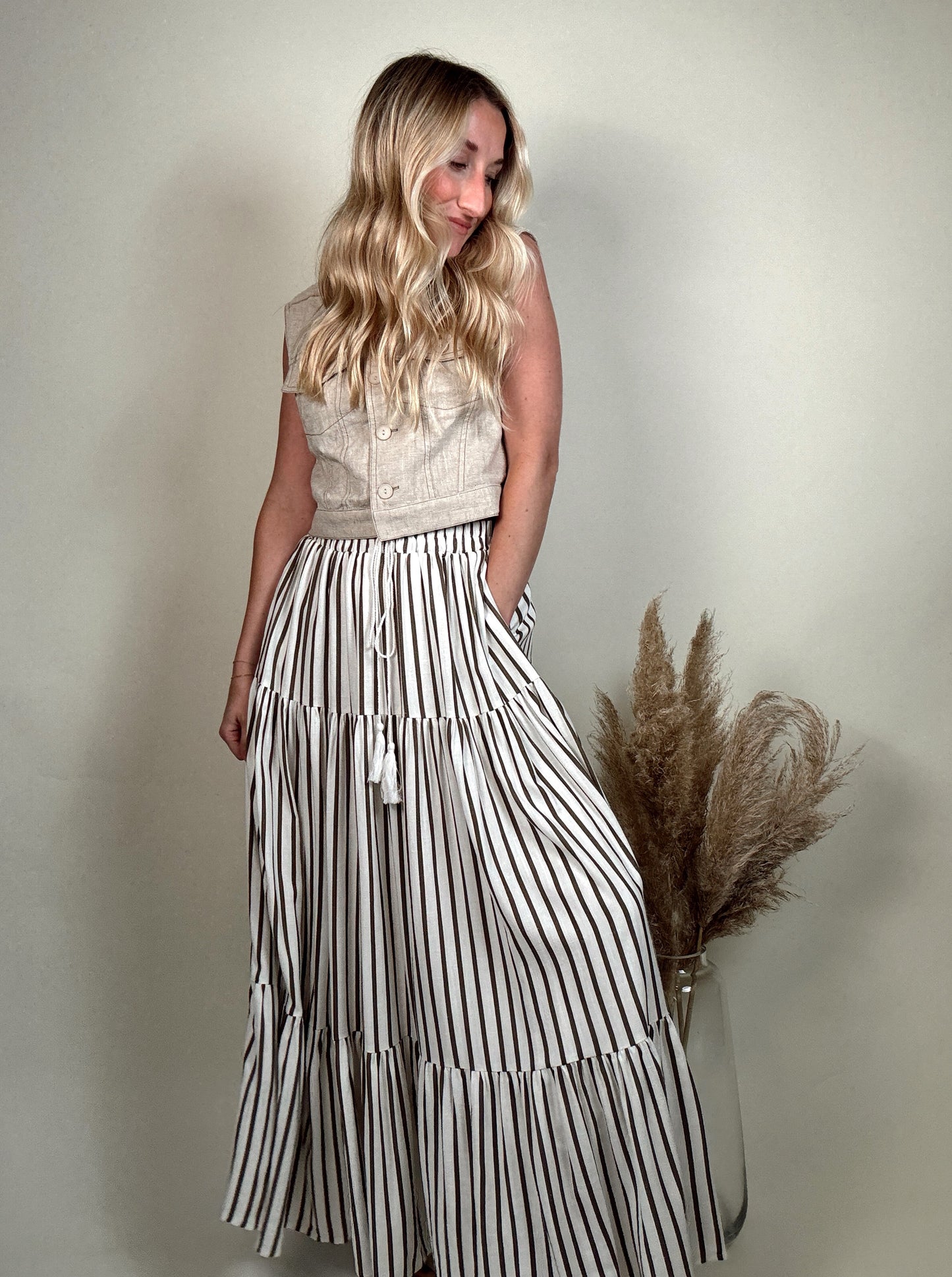 Stripe Tiered Midi Skirt - Olive