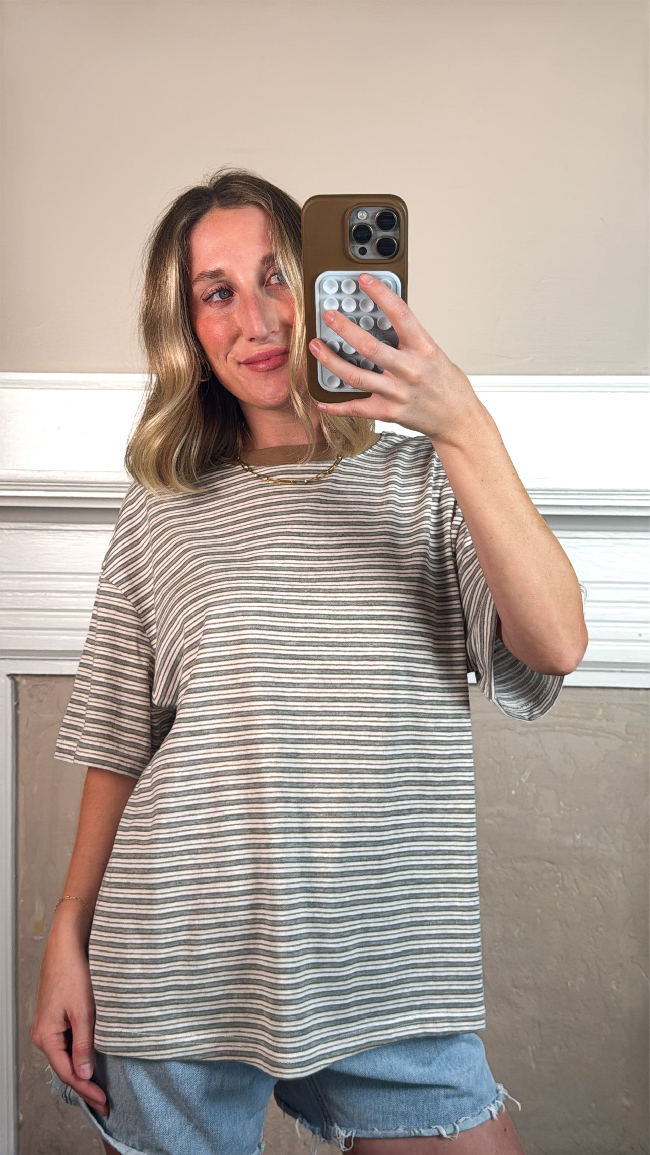 Pia Striped Oversized Tee - Ivory/Grey/Brown