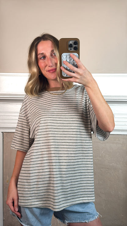 Pia Striped Oversized Tee - Ivory/Grey/Brown