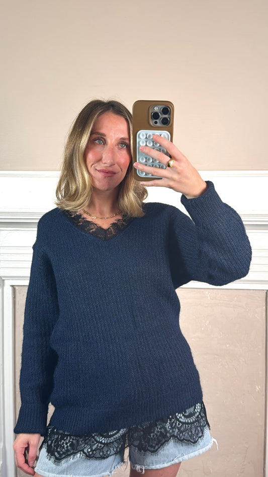 Lace-Trim V-Neck Knit Sweater