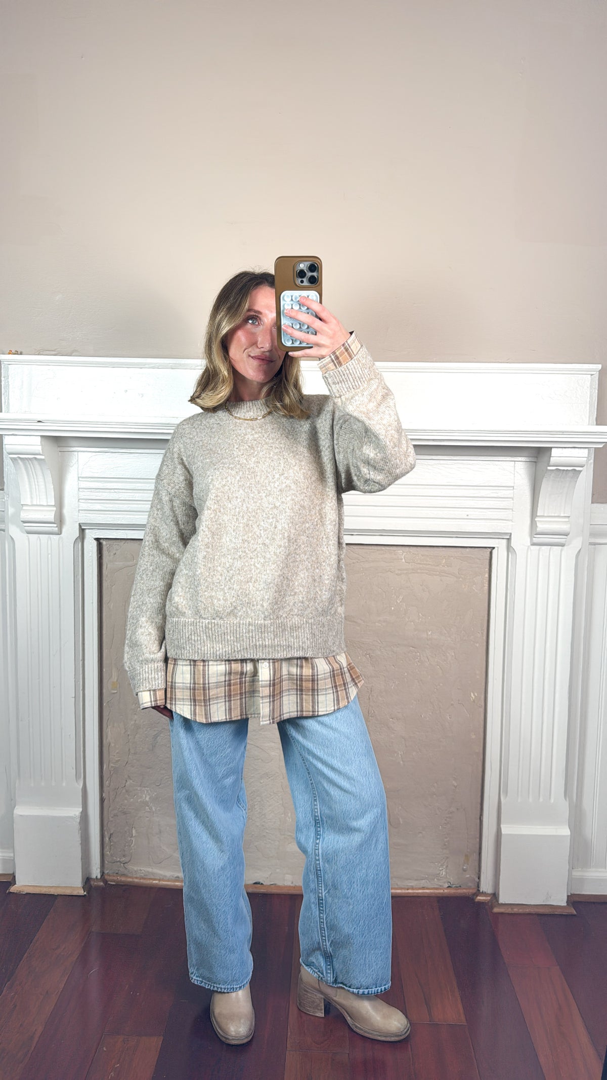 Layered Plaid Hem Knit Sweater